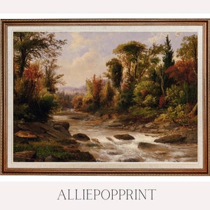 Autumn Lake Oil Painting, Vintage Autumn Forest Landscape, Digital Printable