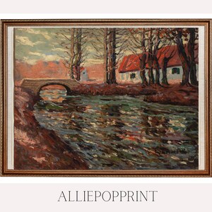 Vintage Autumn Lake Oil Painting, Fall Landscape Wall Decor, digital Printable