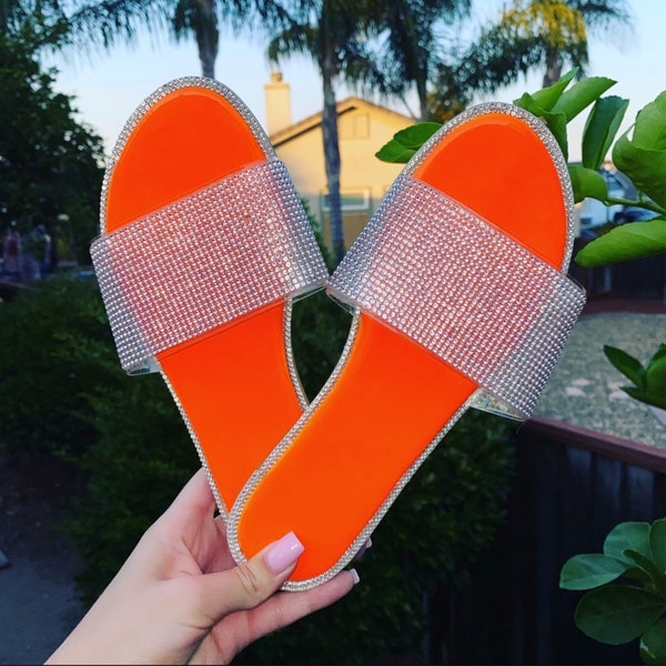 Women Summer RHINESTONE Glitter Sandals Neon Orange| Bling Slides| Beautiful Flats| LAST Inventory