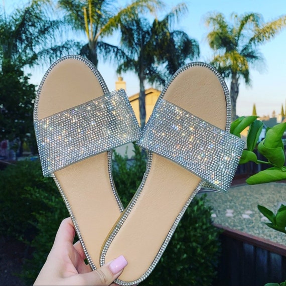 Women Summer RHINESTONE Glitter Sandals NUDE Bling Slides - Etsy