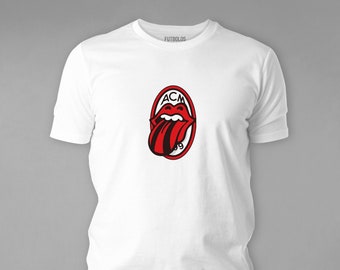 T-Shirt AC Milan Rolling Stones a tema Nostalgico Manica Corta Girocollo Cotone Unisex Bianca, Blu Navy Tee Regali per lui, Design di Alta Qualità