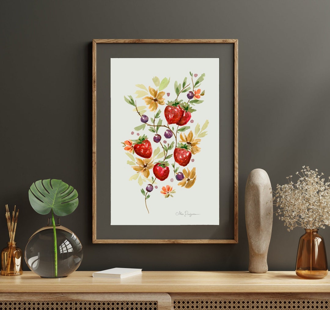 Strawberries and Flowers - Original Watercolour Painting - Print | A4 ...