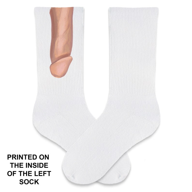 White cotton crew socks with dicks printed on the inside of one of the socks. Funny penis socks for him