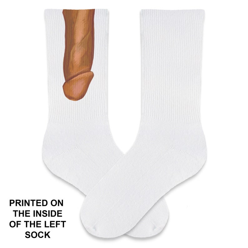 Men's cotton crew socks with a weiner printed on the inside of the left sock