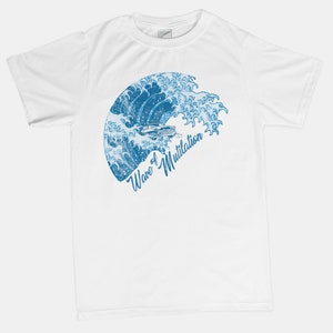 May include: White t-shirt with a blue and white graphic of a wave crashing over a car. The text "Wave of Mutilation" is written on the wave.