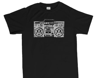 May include: Black t-shirt featuring a white graphic of a boombox with the text "Fight for your right to party" and the Volkswagen logo on each side.