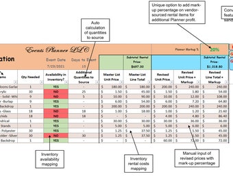 Op de afbeelding: Een offerteformulier van Events Planner LLC, met details over evenementvereisten. Het formulier bevat categorieën, items, hoeveelheden en prijzen, met opties voor opslag en PDF-export. Bevat een inventarisbeschikbaarheidsmapping.