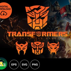 May include: A digital download of four orange and black Transformers logos. The logos are from the movie Transformers: Rise of the Beasts. The logos are in the shape of a robot head, a mask, and two other abstract shapes.