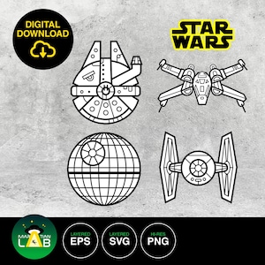 Könnte beinhalten: Eine digitale Download-Datei mit schwarz-weißen Strichzeichnungen des Millennium Falken, eines X-Wing-Sternenjägers, des Todessterns und eines TIE-Jägers. Das Bild enthält das Star Wars-Logo sowie Textbeschriftungen für EPS, SVG und PNG.