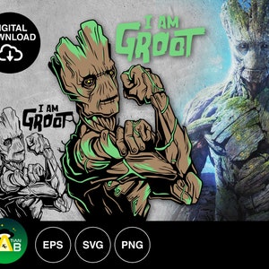 Könnte beinhalten: Ein digitaler Download einer grünen, braunen und schwarzen Illustration einer Figur aus dem Film Guardians of the Galaxy. Die Figur ist ein baumartiger Humanoid mit dem Text "I am Groot" in grünen Buchstaben. Das Bild ist in den Formaten EPS, SVG und PNG verfügbar.