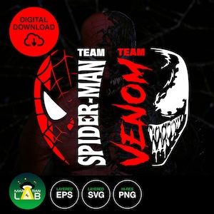 May include: Digital download graphic featuring Spider-Man and Venom. The design is split vertically, with Spider-Man on the left in red and white, and Venom on the right in black and white. Text includes "TEAM" and "SPIDER-MAN VENOM".