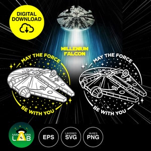 May include: A black and white illustration of the Millennium Falcon spaceship with the text "May the Force be with you" in a circle around it. The text "Millennium Falcon" is above the spaceship. The image is a digital download and includes EPS, SVG, and PNG file formats.