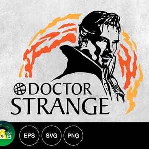 May include: Black and white silhouette of Doctor Strange with a fiery orange and yellow background. The text "DOCTOR STRANGE" is below the image.