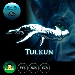 May include: A digital download graphic featuring a white outline of a Tulkun, a whale-like creature, against a blue background. The word "TULKUN" is displayed in white, with additional icons indicating file types. The image has a sci-fi theme.