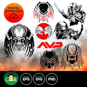 May include: A collection of black and white Predator-themed digital downloads. The designs include various Predator illustrations, the word "PREDATOR" in a bold font, and the AVP logo. The image also features the text "DIGITAL DOWNLOAD" and "MARTIAN LAB".