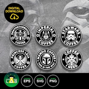 Puede incluir: Conjunto de 8 diseños redondos de tazas de café en blanco y negro con personajes de Star Wars. Los diseños incluyen Darth Vader, la Princesa Leia, Yoda y más. El texto en las tazas dice "Deathstarbucks", "Imperial Coffee", "Star Wars Coffee", "Princess Leia Coffee", "Mando Coffee This is the Way" y "Coffee I Need".
