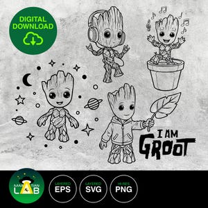 May include: A digital download file featuring four black and white line art illustrations of a tree-like character. One shows the character with headphones, one in a pot, one with stars and planets, and one holding a leaf with the text I AM GROOT.