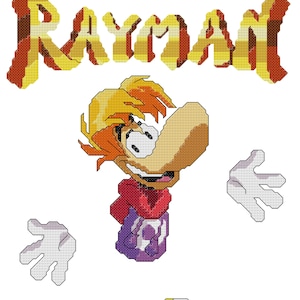 Puede incluir: Una ilustración pixelada de Rayman, un personaje de videojuego. Rayman es un personaje de dibujos animados con ropa roja y morada, una nariz grande y una gran sonrisa. La palabra "Rayman" está escrita en letras doradas encima de él.