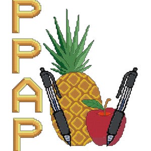 Op de afbeelding: Een gele ananas met groene bladeren, een rode appel en twee zwarte pennen met zilveren accenten. Het woord "PPAP" staat in gele letters links van het fruit.