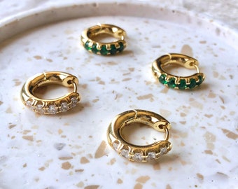 SMALL CREOLE in silver 925 and zirconium emerald diamond round earring rings stone