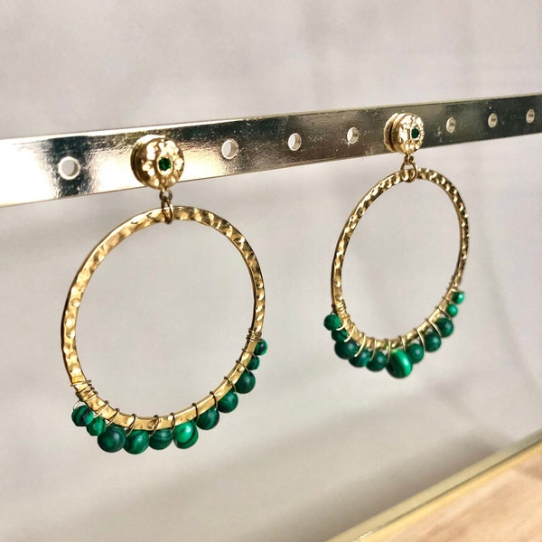 Noelie earrings, long earrings, gold earrings, green pearl, natural stone, malachite, round earrings, hammered, women's jewelry, quality