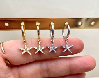 Mini starfish hoop earrings, star hoop earrings, zirconium, women's jewelry