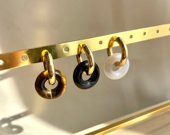 Natural stone donut hoop earrings, donut pendant, stone pendant, gold hoop earrings, tiger's eye, smoky quartz, onyx, quality