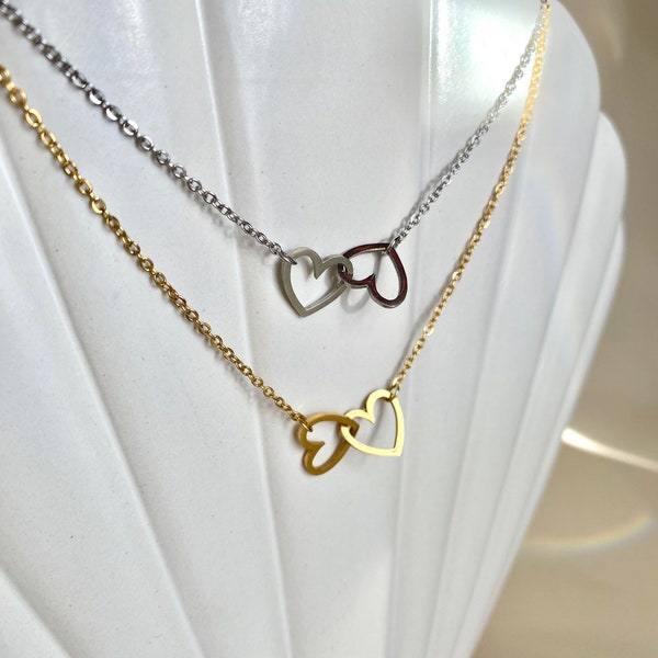 Collier love, chaîne fine, pendentif coeur, coeur entrelace, amour, cadeaux pour elle, qualité, acier inoxydable, collier ajustable
