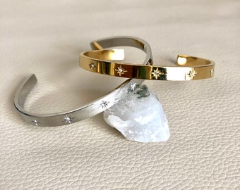 JONC ÉTOILÉ, bracelet rigide ajustable, bracelet acier inoxydable, bracelet strass, étoile, bijoux qualité, minimaliste