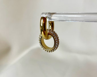 Léane earrings, gold hoop earrings, round pendant, rhinestones, 2 in 1 earrings, removable, women's jewelry, quality
