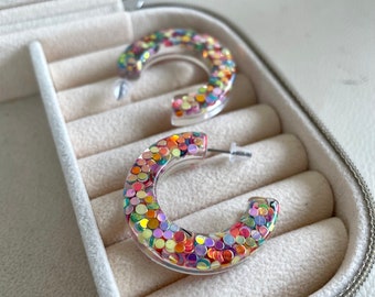 Glitter resin hoop earrings, glitter earrings, multicolored jewelry, ear studs, women's jewelry, quality