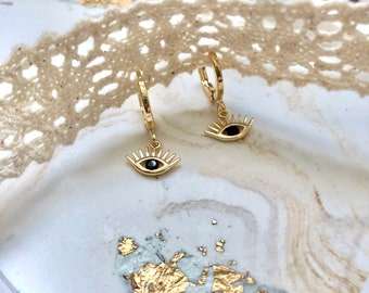 KARA earrings, small gold-plated hoop earrings with eye pendant, protective eye, black zirconium, gilded with fine gold, lucky charm, Greek eye