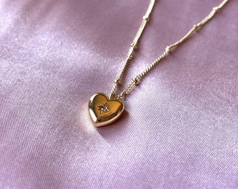 COLLIER COEUR en plaque or pendentif coeur et zirconium chaîne boule perle amour or