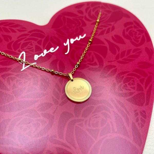 Collier love, pendentif gravé «love», acier inoxydable, ajustable