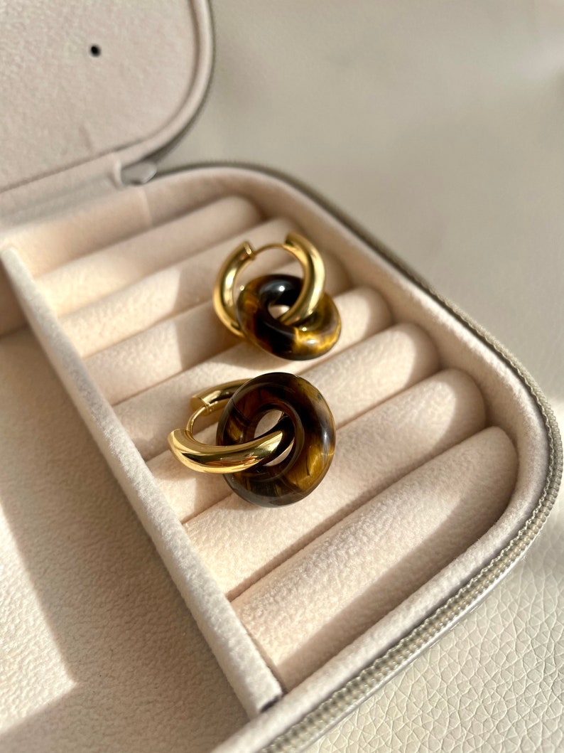 Natural stone donut hoop earrings, donut pendant, stone pendant, gold hoop earrings, tiger's eye, smoky quartz, onyx, quality image 3
