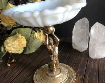 Brass Pedestal and Dish - Milk Glass Dish with Brass Stand - Vintage Brass Ornate Decor - Vintage Dish with Brass Base - Milk Glass