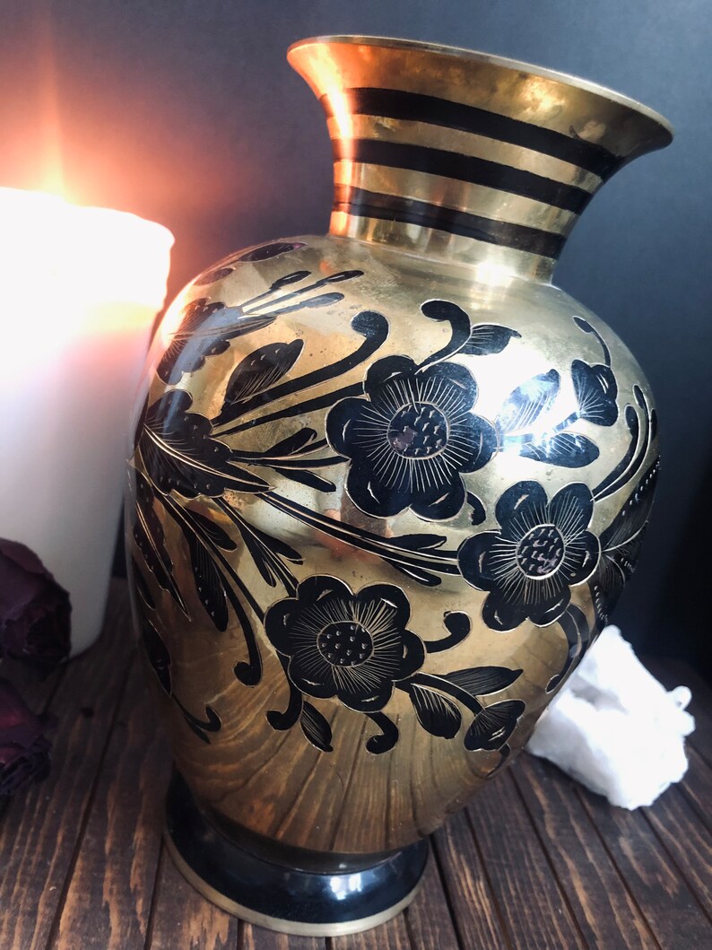 Vintage Brass Vase Brass Black and Gold Vase Florals Brass Etsy