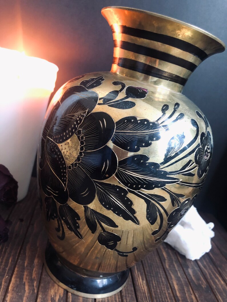 Vintage Brass Vase Brass Black and Gold Vase Florals Brass Etsy