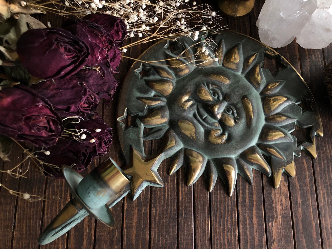 Vintage Brass Sun Candle Holder Brass Celestial Candlestick Holder Wall