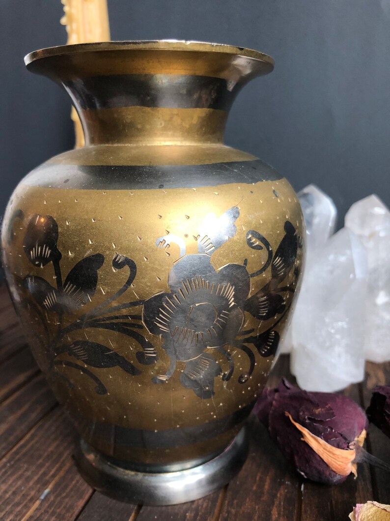 Vintage Brass Vase Brass Black and Gold Vase Florals Brass Etsy