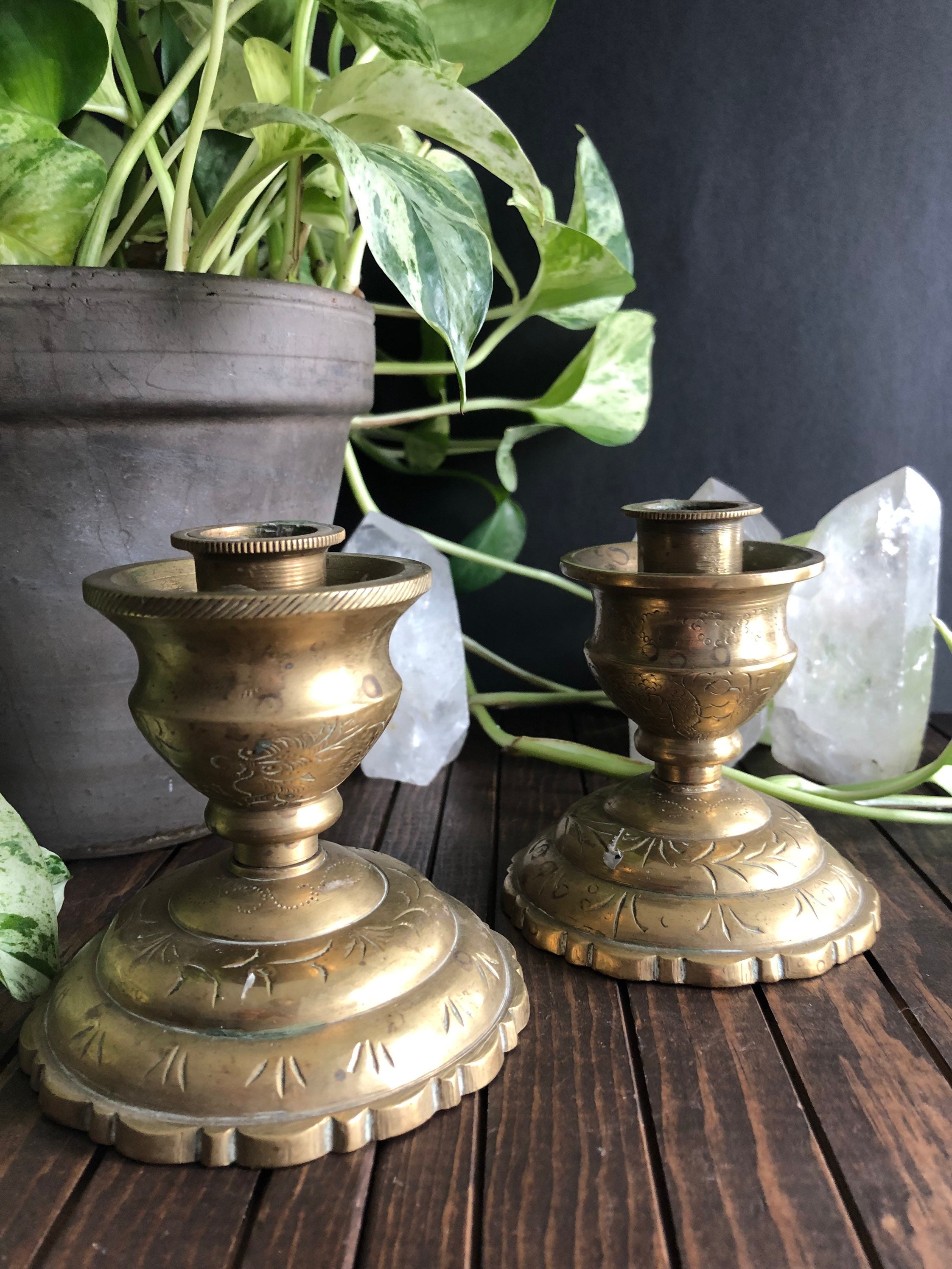 Oriental Brass Candlestick Holders with Butterfly Reflector c. 1900s FREE  SHIPPING!