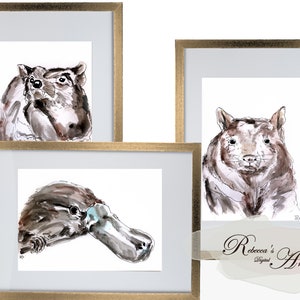 Set of 3 Australian Native Animals Trio Art Prints, Original Watercolour Art works, Platypus, Tasmanian Devil, Wombat, A4 Series, Printable