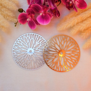 Könnte beinhalten: Zwei dekorative Metallkreise mit einem floralen Design. Ein Kreis ist silber und der andere ist golden.