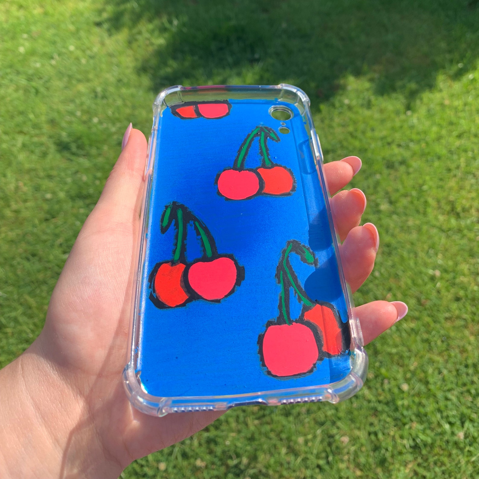 Painted Blue and Red Cherry Phone Case Etsy
