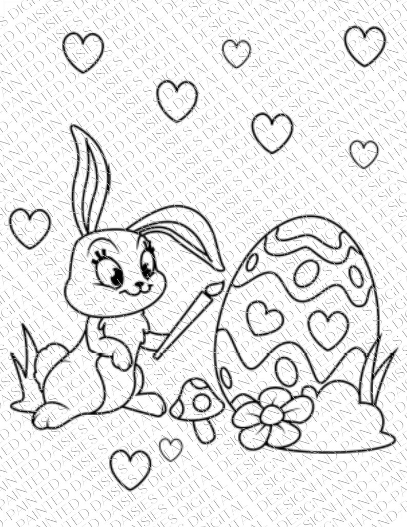May include: A black and white line drawing of a bunny rabbit holding a paintbrush and painting an Easter egg. The egg is decorated with hearts. The bunny is sitting next to a mushroom and a flower.
