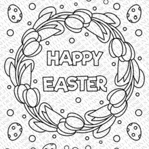 May include: A black and white coloring page featuring a wreath of tulips with the words "Happy Easter" in the center. The wreath is surrounded by a scattering of eggs.