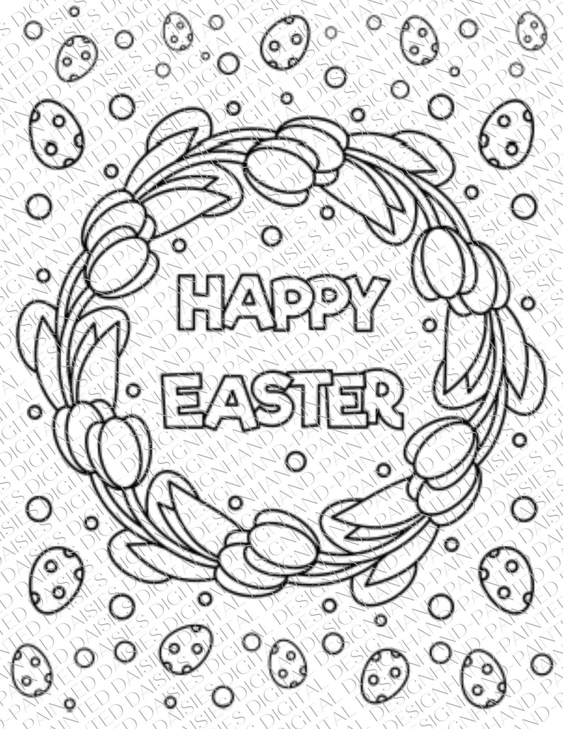 May include: A black and white coloring page featuring a wreath of tulips with the words "Happy Easter" in the center. The wreath is surrounded by a scattering of eggs.