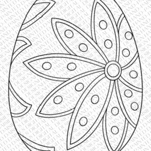 May include: A black and white line art illustration of an Easter egg with a stylized flower design. The egg is decorated with a repeating pattern of small circles.
