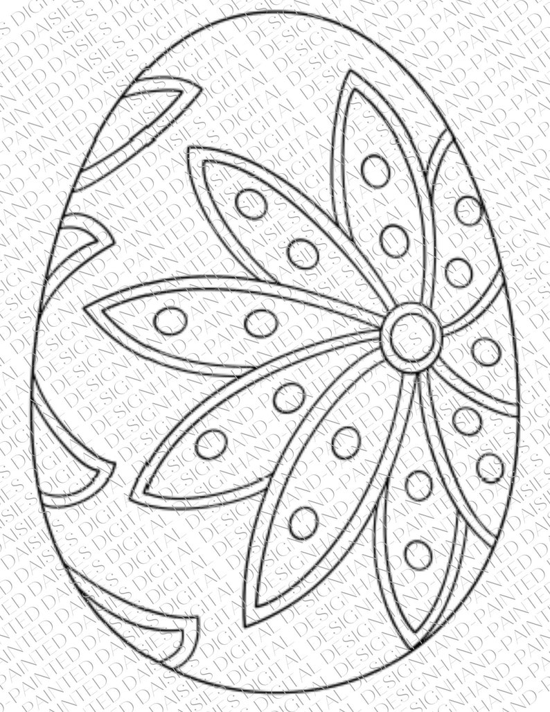 May include: A black and white line art illustration of an Easter egg with a stylized flower design. The egg is decorated with a repeating pattern of small circles.