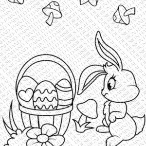 May include: A black and white line drawing of an Easter bunny holding a basket of eggs. The bunny is sitting on the ground next to a mushroom. There are other mushrooms in the background.